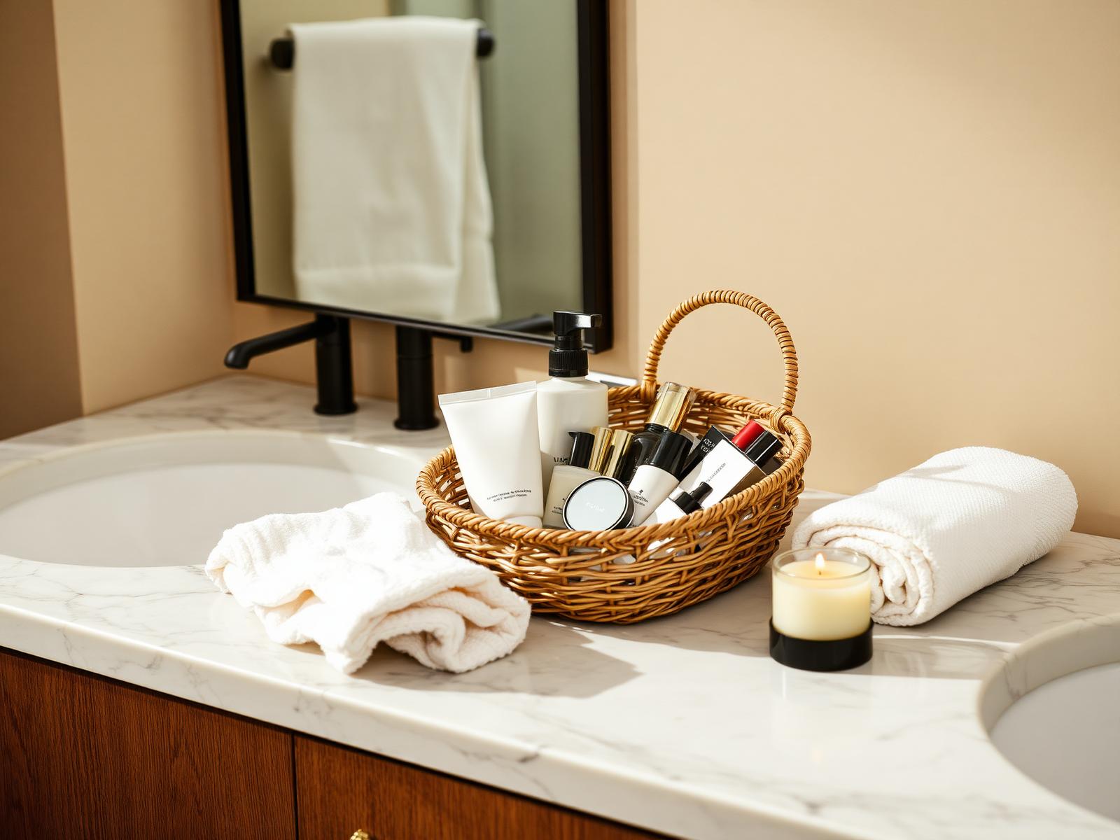 A basket of shampoos, balms, skincare and make-up laid out on a bathroom counter