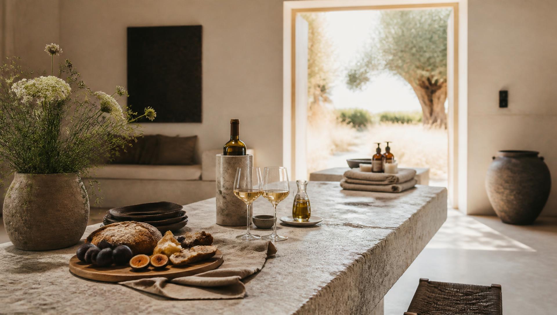 A table laid with wine, food and bath products for arriving guests